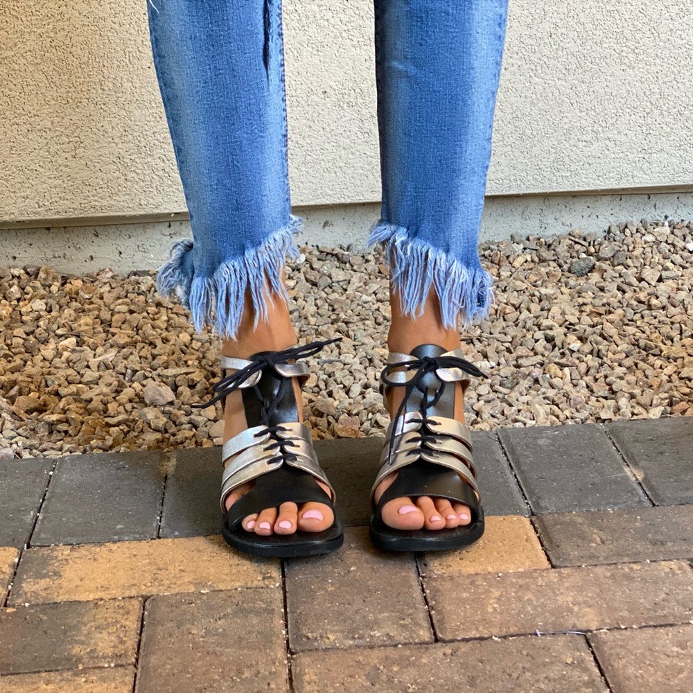 Distressed Leather Lace Up Kitten Wedge Sandal - Picture 6 of 12